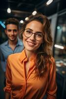 AI generated Young businesswoman and colleague man posing together photo