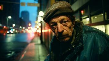 ai generado un feo hombre en el ciudad calle a noche. generativo ai foto