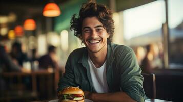 AI generated Young man standing in front of a hamburger at the table in a hamburger restaurant photo