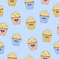 Seamless pattern of cute groovy cupcakes with whipped cream. Cartoon characters in trendy retro style on blue background vector