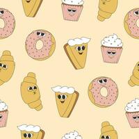 Seamless pattern of groovy cake, croissant, donut and cupcake. Cartoon character in trendy retro style on pink background vector