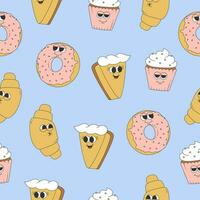 Seamless pattern of groovy cake, croissant, donut and cupcake. Cartoon character in trendy retro style on blue background vector