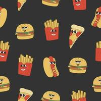 sin costura modelo con caliente perro, hamburguesa, francés papas fritas y Pizza. dibujos animados caracteres en de moda retro estilo en oscuro antecedentes vector