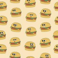 Seamless pattern with groovy hippie burgers. Cartoon characters in trendy retro style on pink background vector