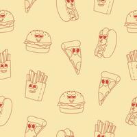 Seamless pattern with line art hot dog, burger, french fries and pizza. Cartoon red characters in trendy retro style vector