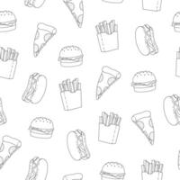 Seamless pattern with line art hot dog, burger, french fries and pizza. Black doodle elements on white background vector