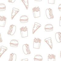 Seamless pattern with line art hot dog, burger, french fries and pizza. Red doodle elements on white background vector