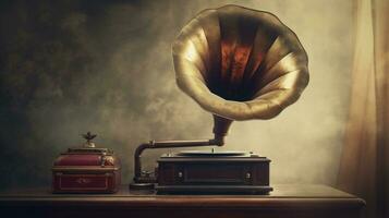 AI generated Vintage gramophone and ornate jewelry box on a wooden table, with a textured backdrop and soft, atmospheric lighting. Old-fashioned record player. photo