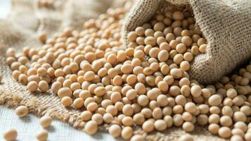 AI generated Soybeans spilled from a burlap bag on a textured surface, showcasing natural and organic agricultural produce. photo