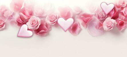 AI generated Pink roses and heart shapes on white background. Banner with copy space. Ideal for Valentines Day, anniversaries, romantic occasions, Mothers Day. photo