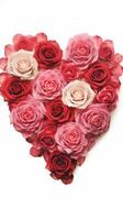 AI generated Floral Heart. Pink and red roses arranged in heart shape on a white background. Ideal for Valentines Day, anniversaries, or romantic occasions. Vertical format photo