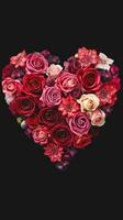 AI generated Floral Heart. Pink, red and white roses arranged in heart shape on a black background. Ideal for Valentines Day, anniversaries, or romantic occasions. Vertical format photo