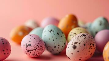 AI generated Festive Easter Eggs against a soft pink backdrop. Suitable for holiday themes, advertisements, and creative projects. photo