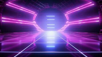 AI generated Vibrant and colorful stage with bright lights and futuristic design. Concert stage with neon lights and a dazzling display. Modern Night Club. Futuristic Dance Floor. Purple photo
