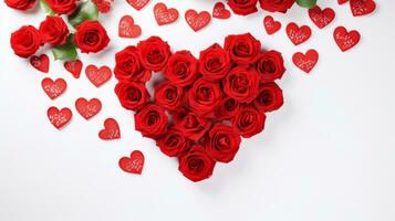 ai generado floral corazón. rojo rosas arreglado en corazón forma en blanco antecedentes. ideal para san valentin día, aniversarios, o romántico ocasiones. foto