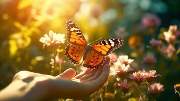 AI generated Beautiful butterfly on a human hand against a backdrop of blurred flowers field. Banner with copy space. Ideal for themes of nature, beauty, and tranquility photo