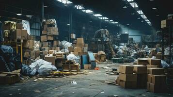 AI generated Industrial warehouse filled with discarded items and waste. Perfect for projects related to waste management or environmental issues, for environmental awareness or waste disposal photo