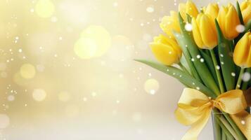 AI generated Yellow tulips bouquet with ribbon bow on light background with bokeh. Banner with copy space. Ideal for poster, greeting card, event invitation, promotion, advertising, print photo