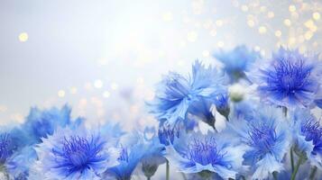 AI generated Blue cornflowers in full bloom on light background with glitter and bokeh. Banner with copy space. Perfect for poster, greeting card, event invitation, promotion, advertising, print photo