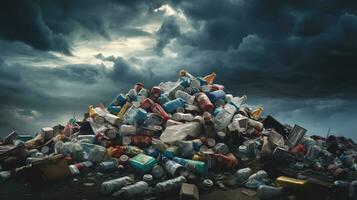 AI generated Large pile of garbage and discarded items under a stormy sky. Landfill with cans, bottles, and other trash. Ideal for waste management, environmental or pollution-related content photo