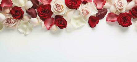 AI generated Roses in red and white hues with petals, creating a decorative border on a clean, white background. Banner with copy space. Ideal for Valentines Day, anniversaries, or romantic occasions. photo