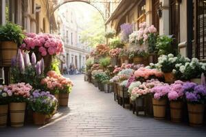 AI generated Modern street floral market on Europe style. Variety of fresh, vibrant flowers displayed for sale at outdoor market. Ideal for floral business promotions or advertisements. Horizontal photo