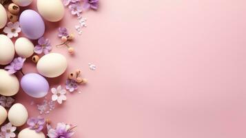 AI generated Frame background with Easter painted Eggs with flowers on light pink peach background. Banner with copy space. Ideal for Easter promotion, spring event, holiday greeting, advertisement photo