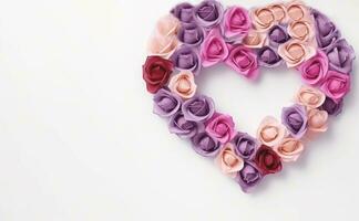 AI generated Floral Heart. Pink, purple and peach roses arranged in a heart shape on a white background. Ideal for Valentines Day, anniversaries, or romantic occasions photo