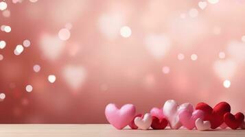 ai generado rojo y rosado corazones en suave bokeh antecedentes. bandera con Copiar espacio. modelo para enamorado tarjeta, saludo, invitación, tarjeta postal, anuncio publicitario. ideal para san valentin día o amor diseños foto