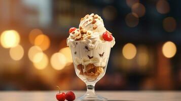 AI generated Vanilla ice cream topped with chocolate pieces in transparent glass on dark blurred background with bokeh. Perfect for dessert menu, food blog, advertisement, magazine, recipe book photo