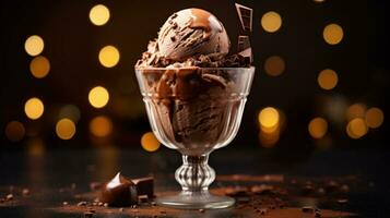 AI generated Chocolate ice cream topped with chocolate pieces in a transparent glass on dark blurred background with bokeh. Ideal for dessert menus, food blogs, advertisements, magazines, photo