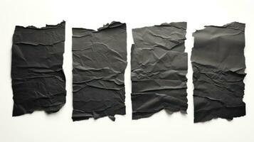 AI generated A collection of four pieces of black crumpled paper with distinct patterns of wrinkles and torn edges. Perfect for backgrounds, textures or layering in designs photo