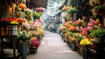 AI generated Modern street floral bazaar on Asian style. Variety of fresh, vibrant flowers displayed for sale at outdoor market. Ideal for floral business promotions or advertisements. Horizontal photo