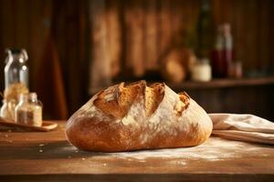 AI generated Bread on wooden table against backdrop of blurred kitchen. Freshly baked loaf of bread with crispy crust. Made from organic whole grain wheat flour. For bakery, food blog, recipe book photo