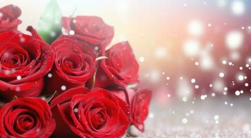 AI generated Red roses bouquet on a light background with glitter and bokeh. Banner with copy space. Perfect for poster, greeting card, event invitation, promotion, advertising, print, elegant design photo