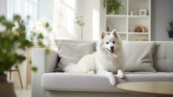 AI generated A white fluffy dog sits comfortably on a grey sofa, surrounded by a well-lit, modern living room with plants and decor. Ideal for pet care or home interior concepts photo