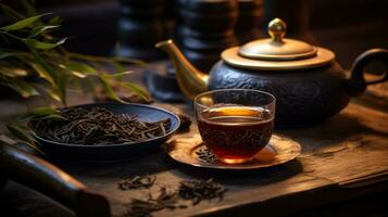 AI generated Warm Tea Ambiance. A serene setting with tea cups and pot and scattered black pu-erh tea. Japanese tea ceremony. Perfect for themes of relaxation, hospitality or wellness photo