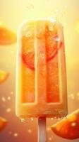 AI generated Close up of multicolored fruit ice cream against bright backdrop. Yummy Ice lolly. Vertical format. Great for dessert menus, food blogs, advertisements, magazines, recipe books photo