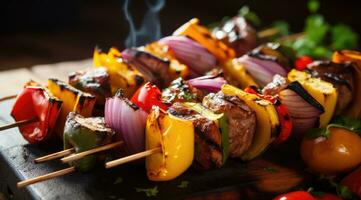 AI generated Barbecue with vegetable skewers. Healthy food background. photo