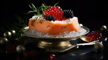 ai generado salmón servido y caviar en hielo foto