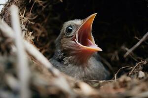 AI generated Young bird in nest with open mouth waiting to be fed. photo