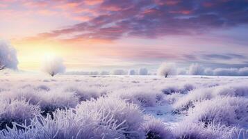 AI generated A frosty morning scene with snow covering a field of creating a magical winter landscape photo