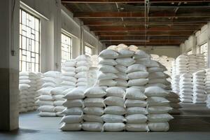 ai generado filas de grande blanco sacos a grande almacén en moderno fábrica. foto