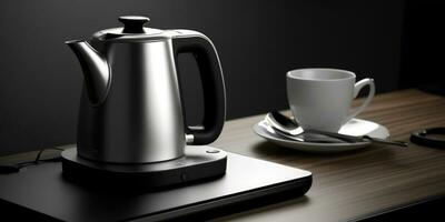 AI generated Silver metal electric kettle for boiling water and making tea on a table in the kitchen interior. photo