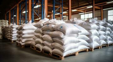 AI generated Rows of big white sacks at large warehouse in modern factory. photo