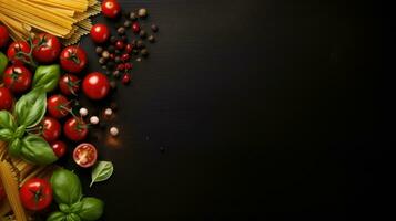 AI generated Food background. Italian food background with pasta, tomatoes and basil on a dark background. photo