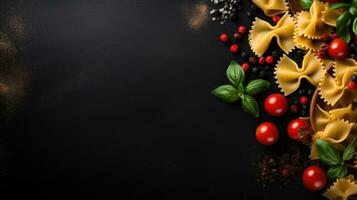 AI generated Food background. Italian food background with pasta, tomatoes and basil on a dark background. photo