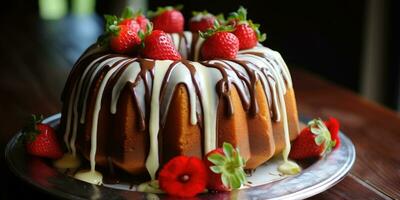 ai generado hermosa Perfecto hecho en casa bundt pastel postre en un cena mesa foto