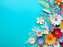 AI generated Top view of colorful paper cut flowers with green leaves on blue background with copy space. photo