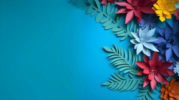 AI generated Top view of colorful paper cut flowers with green leaves on blue background with copy space. photo